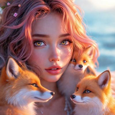 The primary subject of the image is a woman with pink hair, who is surrounded by three small foxes. The woman appears to be a character in a digital art or illustration, with a vibrant pink hair color and a playful, whimsical atmosphere. The setting is a beach, with the woman and the foxes standing on the sand. The visual style is a mix of realism and fantasy, creating a unique and captivating scene.